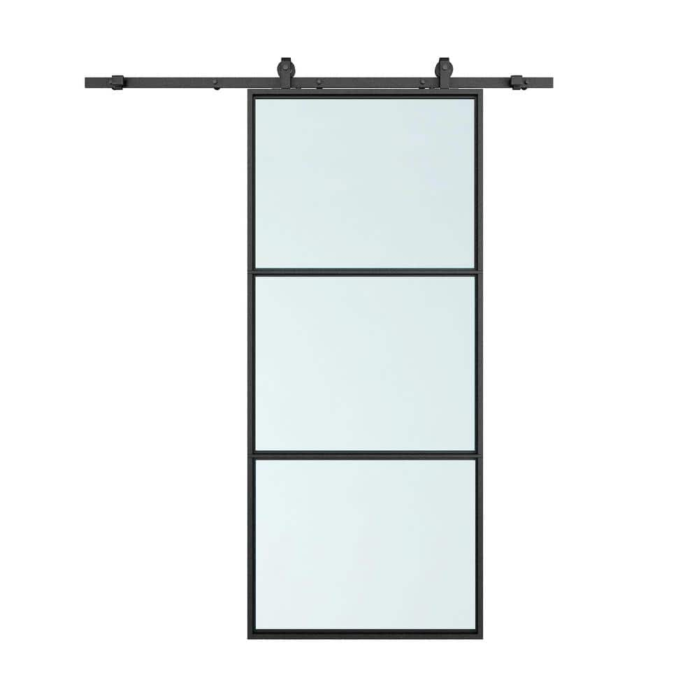 42 in. x 84 in. Full Lite Frosted Glass Black Steel Frame Interior Sliding Barn Door with Hardware Kit and Door Handle -  CALHOME, TKM-A02-F-42IN