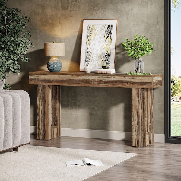 BYBLIGHT Turrella 63 in. W Mottled Gray Brown Rectangle Wood Console Table, Farmhouse Sofa Table with Double Pedestal
