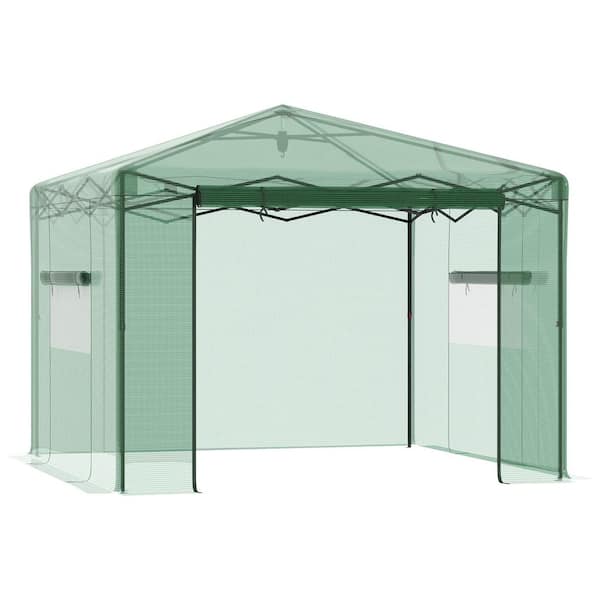 Outsunny Green 10 ft. W x 10 ft. D Portable Pop-up Walk-in Greenhouse with Roll-up Door & 2 Windows