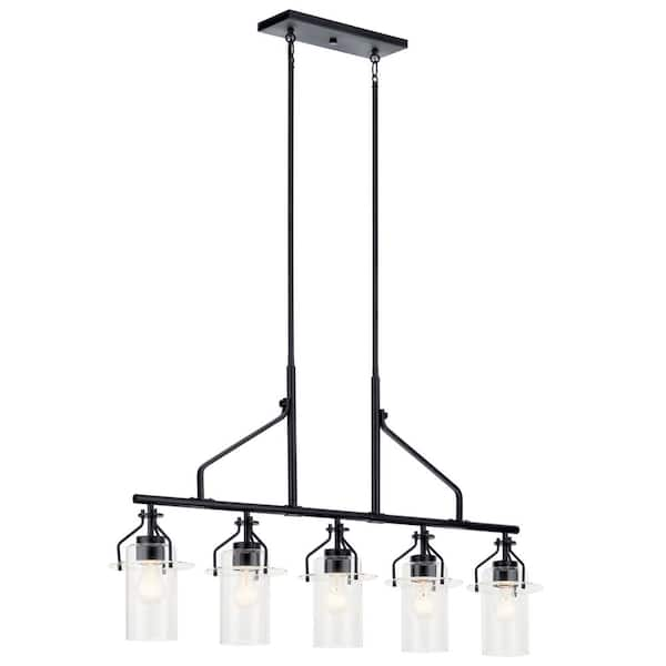 KICHLER Everett 42 in. 5-Light Black Vintage Industrial Island Linear Chandelier for Kitchen