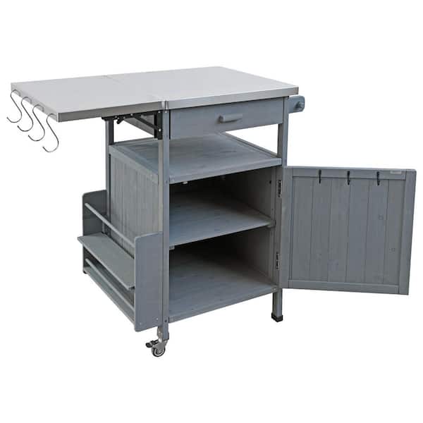 Sungrd Outdoor 30.74 Gal. 40.5 in. Gray Blue Grill Cart with Stainless Steel Top with Drop Leaf and Lockable Wheels Deck Box