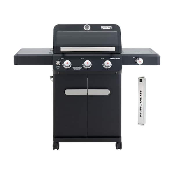 Monument Grills Mesa 3-Burner Propane Gas Grill in Black with Clear View Lid, LED Controls, Smoke Box, and Side Burner