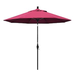 9 ft. Matted Black Aluminum Collar Tilt Crank Lift Market Patio Umbrella in Hot Pink Sunbrella
