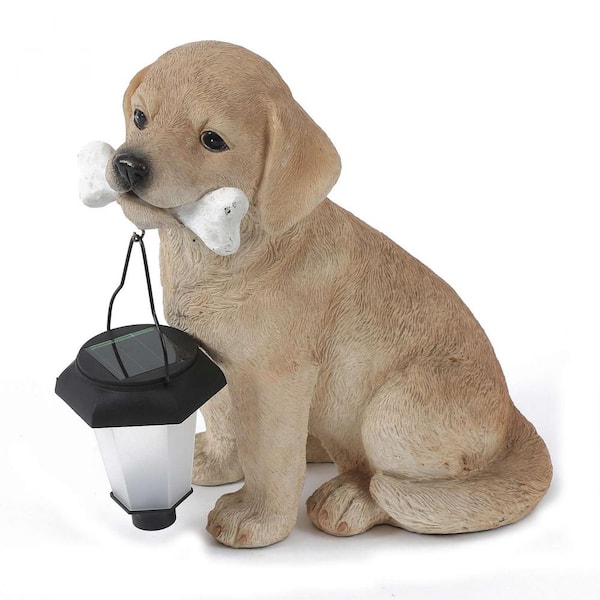 LuxenHome Resin Puppy Garden Statue with Solar Powered Lantern