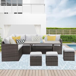 Gray 7-Piece PE Rattan Wicker Outdoor Sectional Set with Light Gray Cushions and Dining Table