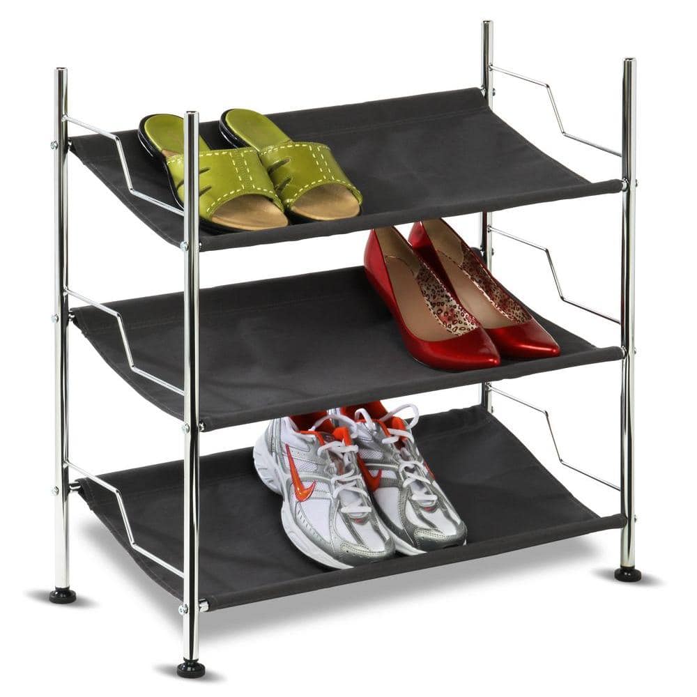 Black and Chrome 3-Tier Canvas Shoe Rack