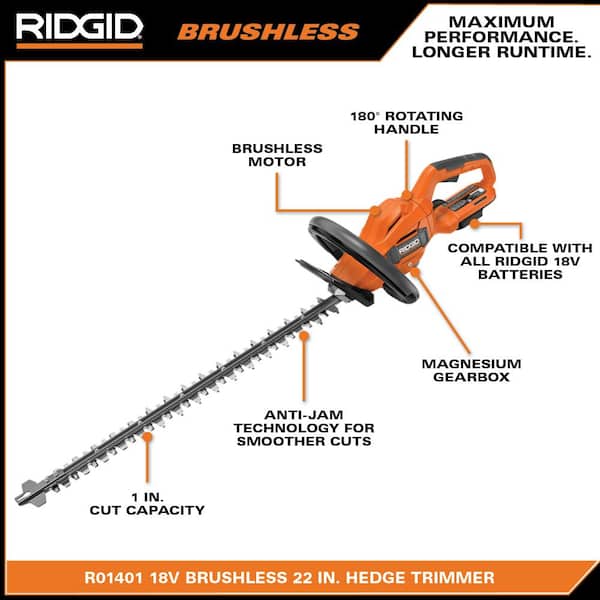 RIDGID R01401K 18V Brushless Cordless Battery 22 in. Hedge Trimmer with 2.0 Ah Battery and Charger - 3