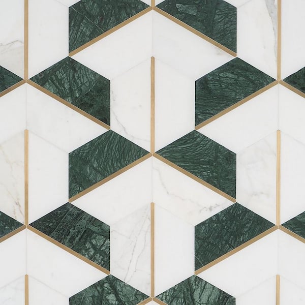 Timbira Verde 11.81 in. x 10.23 in. Polished Marble and Brass Wall Mosaic Tile (0.83 sq. ft./Each)