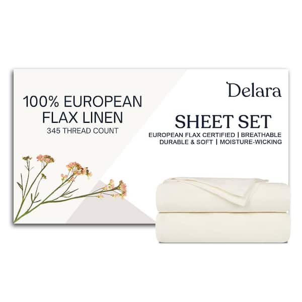 Delara 4-Piece Set Ivory Solid Color 100% European Flex Linen, King, Smooth and Breathable, Super Soft Sheet Sets