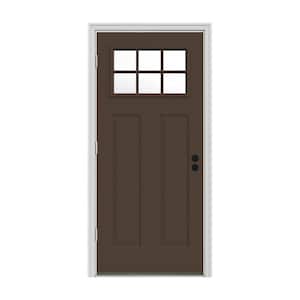 32 in. x 80 in. 6 Lite Craftsman Dark Chocolate Painted Steel Prehung Right-Hand Outswing Front Door w/Brickmould