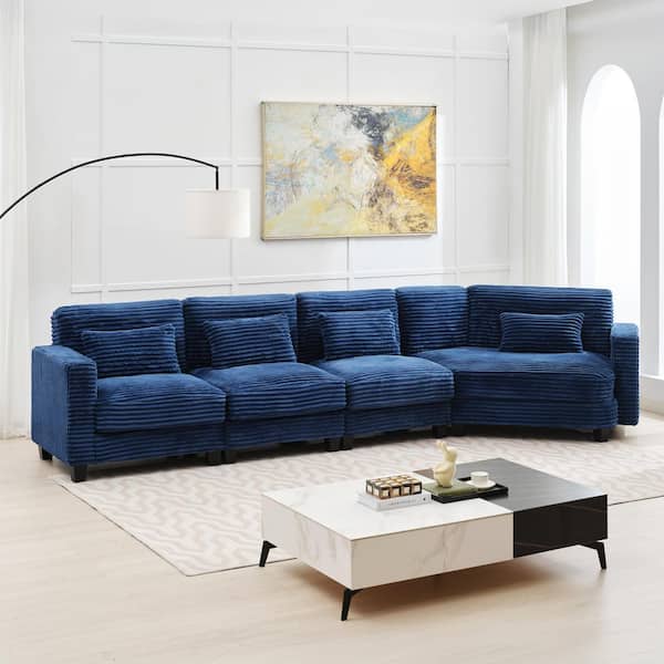 JEAREY 154 in. Corduroy Modular Rectangular Shaped Navy 4-Seat Sectional Sofa for Living Room and Spacious Space