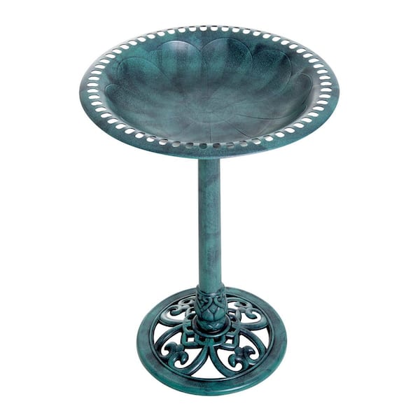 28'' Bird Bath Outdoor Resin Decor with Fleur De Lis Pattern, Time-Worn Finish, Green