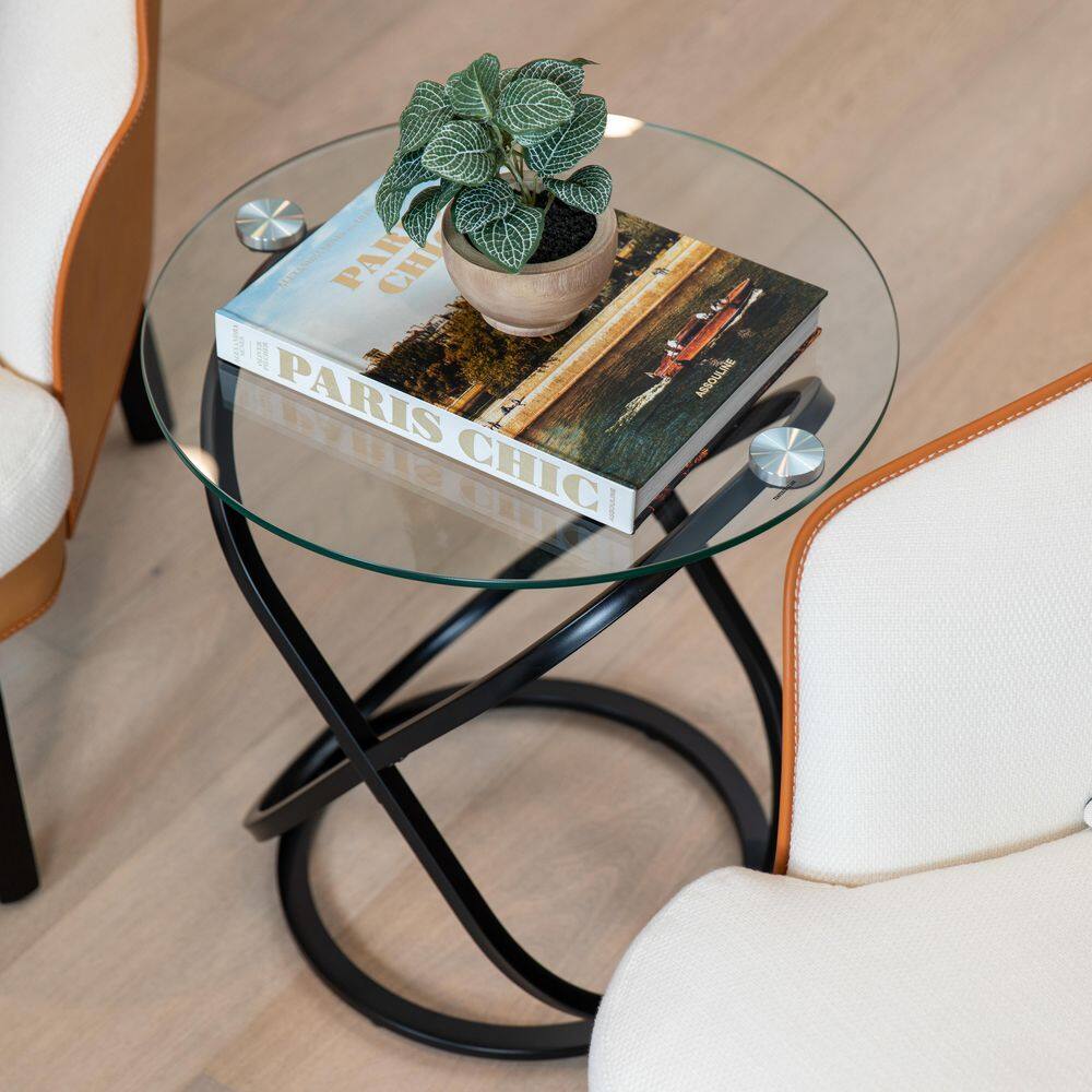 29" Round Black Metal and Glass End Table