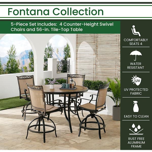 Hanover Fontana 5 Piece Aluminum Outdoor Dining Patio Set 4 Swivel Chairs And 56 In Round Tile Top Table Bronze All Weather Fntdn5pcpbrtn - Hanover Bronze Patio Set