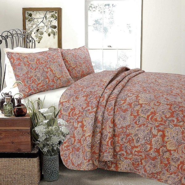  Vintage Rustic Bronze Country Paisley Fall Floral 3-Piece Copper Gray Red Orange Beige Cotton King Quilt Bedding Set