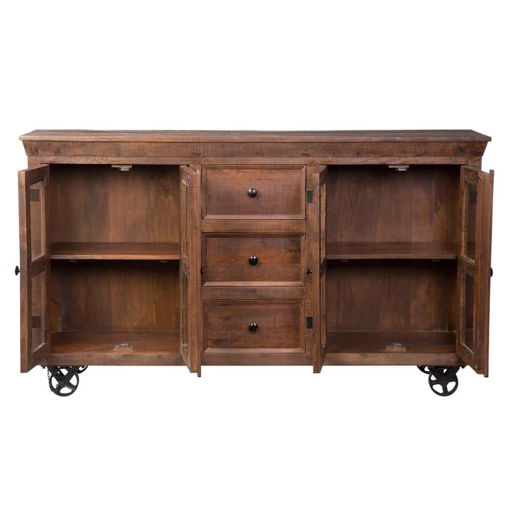 Rustic Charm 72'' Solid Mango Wood Sideboard with Cast Iron Wheels