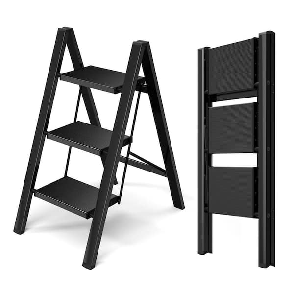 3-Step Aluminum Lightweight Folding Step Ladder (8 ft. Reach), 330 lb. Load Capacity Type IA Duty Rating Black