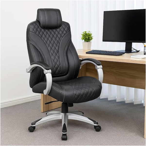 Kelly Vinyl Rolling Executive Chair in Black and Silver with Arms