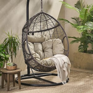 Basket Shape 37.75 in. Wood Porch Swing with Cushion in Khaki and Brown