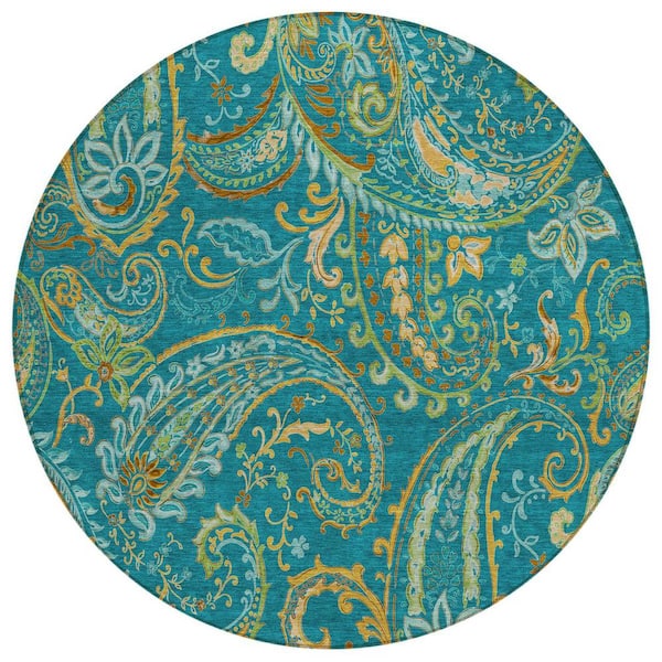 8' Round Teal Geometric Pattern Indoor Outdoor Area Rug 8' Round Teal Geometric Pattern Indoor Outdoor Area Rug