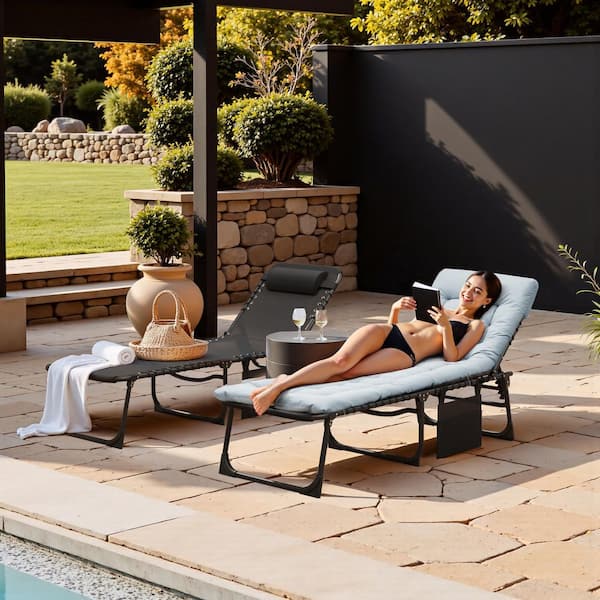 Tozey 2-Pieces Metal Folding Outdoor Chaise Lounge with Gray Cushion, 5-Position Reclining Portable Patio Chair, Black