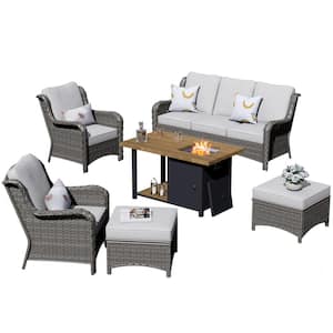Joyo Ung Gray 6-Piece Wicker Outdoor Patio Fire Pit Table Conversation Seating Set with Gray Cushions
