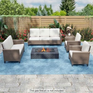 5-Piece Outdoor Patio Wicker Conversation Set with Beige Cushions, Seats 7