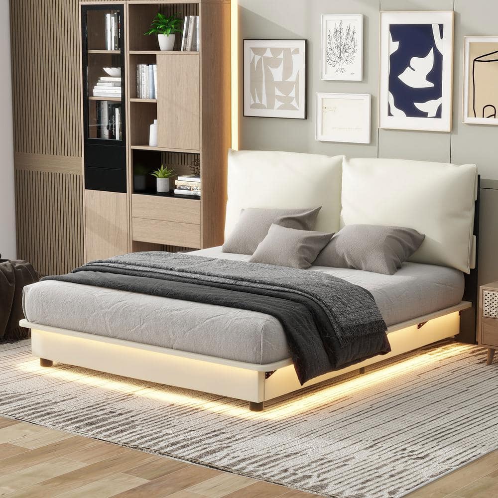 White Wood Frame Queen Size Upholstered Platform Bed with Sensor Light and Ergonomic Design Backrests Headboard -  Harper & Bright Designs, NT058AAK-Q