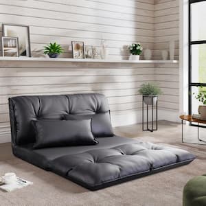 1-Piece Black PU Leather Adjustable Folding Futon Chair with 2-Pillows