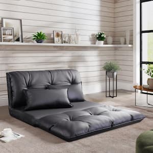 43.3 in. Black PU Leather Twin Foldable Floor Sofa Bed Folding Futon Lounge, Lazy Sofa Couch Video Gaming Sofa w/ Pillow