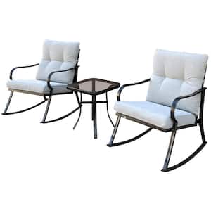 Natural Comfort Metal Outdoor Rocking Chair Bistro Sets Rocking Chair with White Cushion for Deck Backyard Porch
