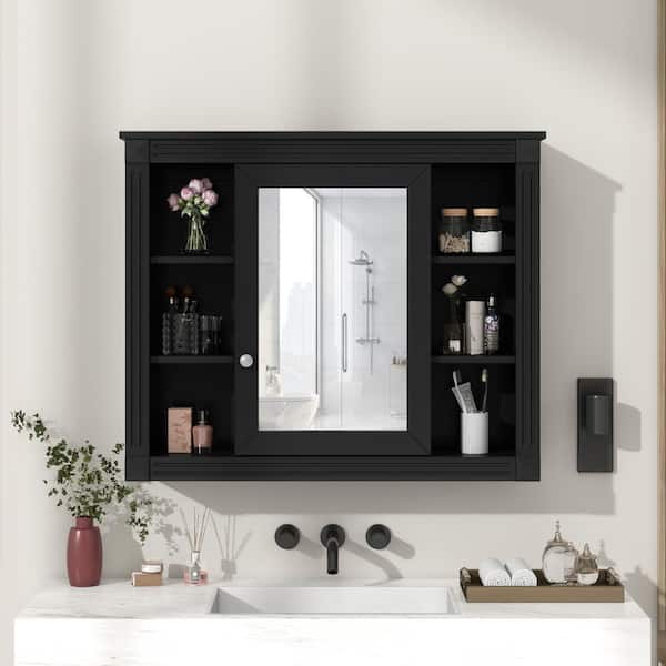 YSQCAR 35 in. W x 28 in. H Rectangular Black MDF Surface Mount Medicine Cabinet with Mirror, with 6 Open Shelves