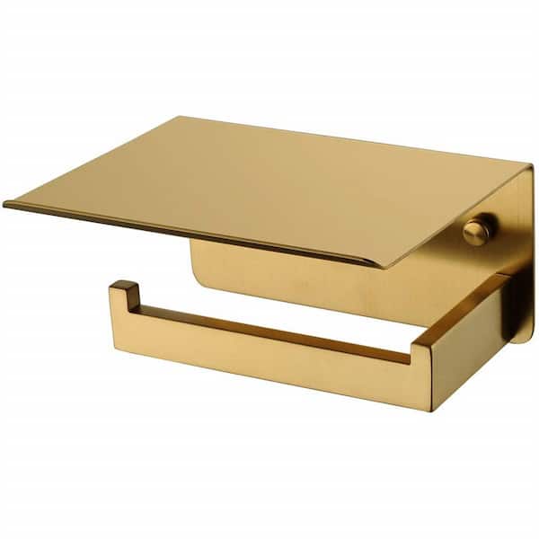 Cubilan Wall Mounted Single Post Stainless Steel Toilet Paper Holder with Storage Shelf in Brushed Gold
