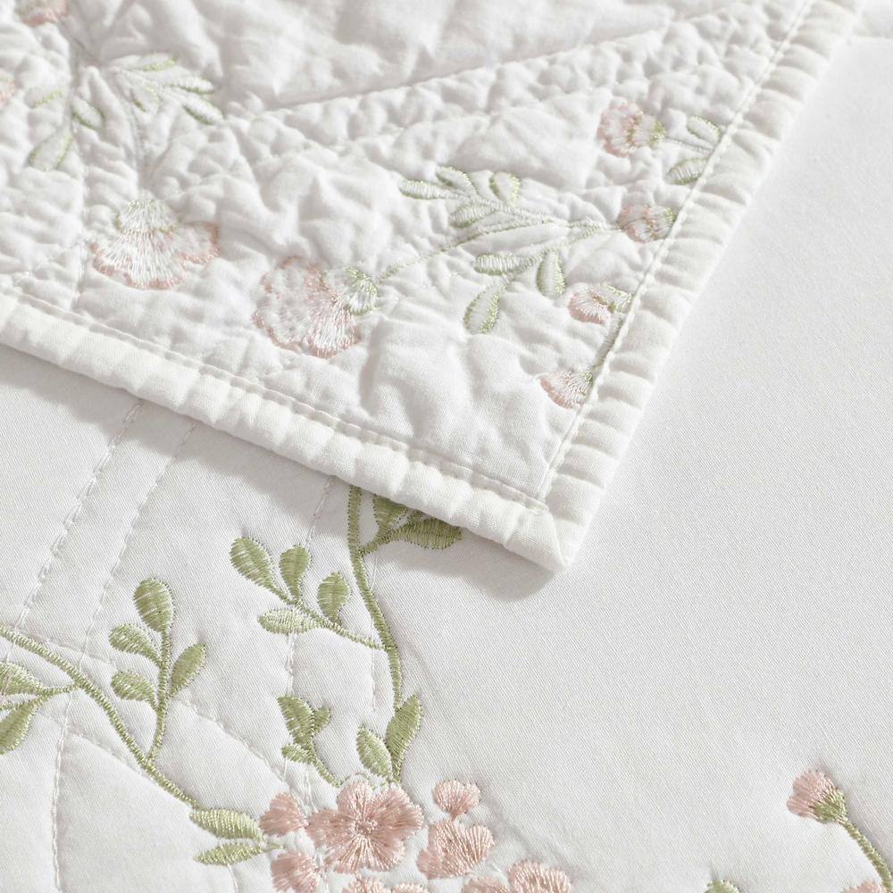 Pink Floral Embroidered Cotton Twin Quilt Set
