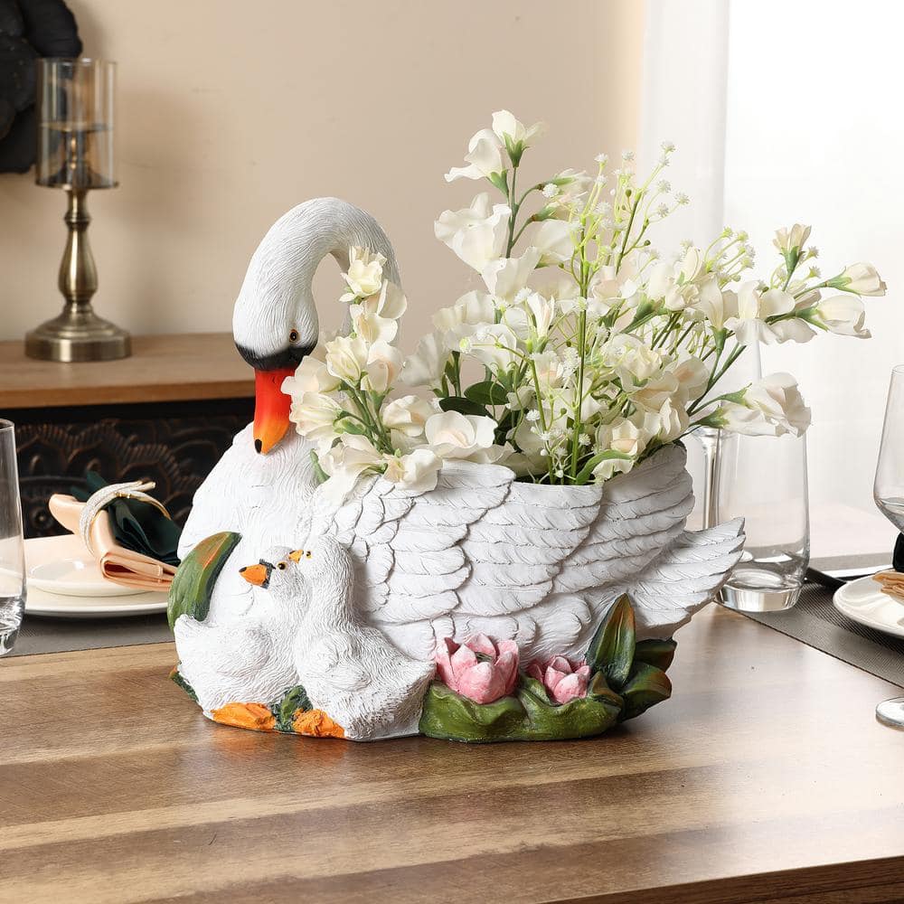 White Resin Swan Family Planter with Multicolor Accents