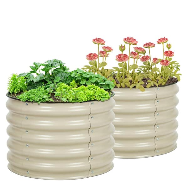 24 in. W x 17 in. H Beige Round Galvanized Metal Raised Garden Bed Ground Modular Planter Boxes (2-Pack)