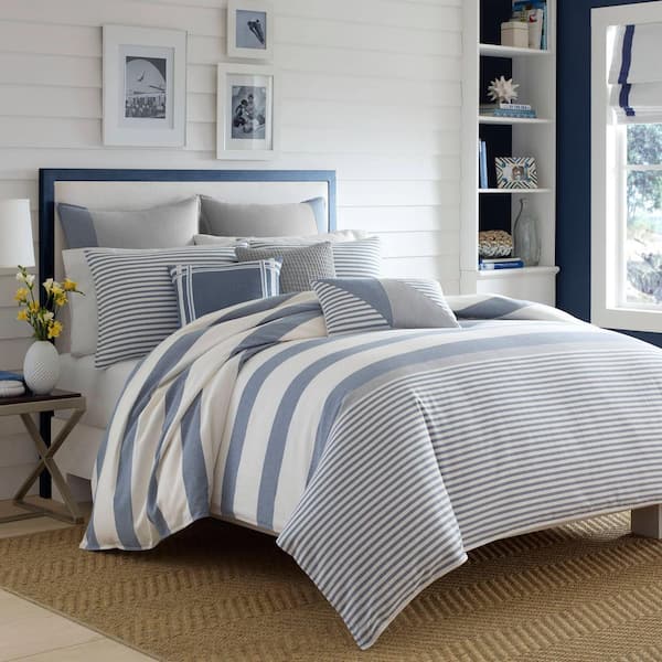 Fairwater 3-Piece Blue Striped Cotton Full/Queen Duvet Cover Set