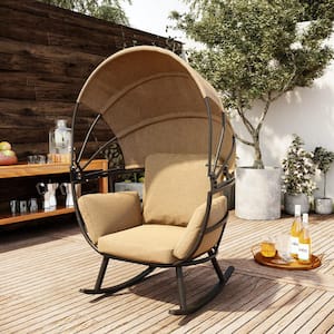 Black Rocking Aluminum Outdoor Egg Lounge Chair with Tan Cushion and Folding Canopy