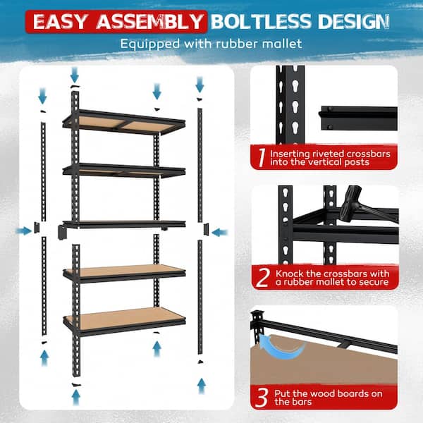 72 in. H x 36 in. W x 18 in. D Black MDF 5-Shelf Garage Storage Shelving Unit Standard Bookcase with Adjustable Shelves