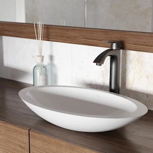 Matte Stone Wisteria Composite Oval Vessel Bathroom Sink in White with Faucet and Pop-Up Drain in Antique Rubbed Bronze