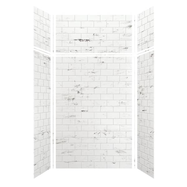 Transolid Saramar 48 in. W x 96 in. H x 36 in. D 6-Piece Glue to Wall Alcove Shower Wall Kit with Extension in White Venito