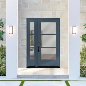 Legacy 53 in. x 80 in. Icon 3-Lite Modern Clear Glass RHIS Dark Denim Mahogany Fiberglass Prehung Front Door 14 in. SL