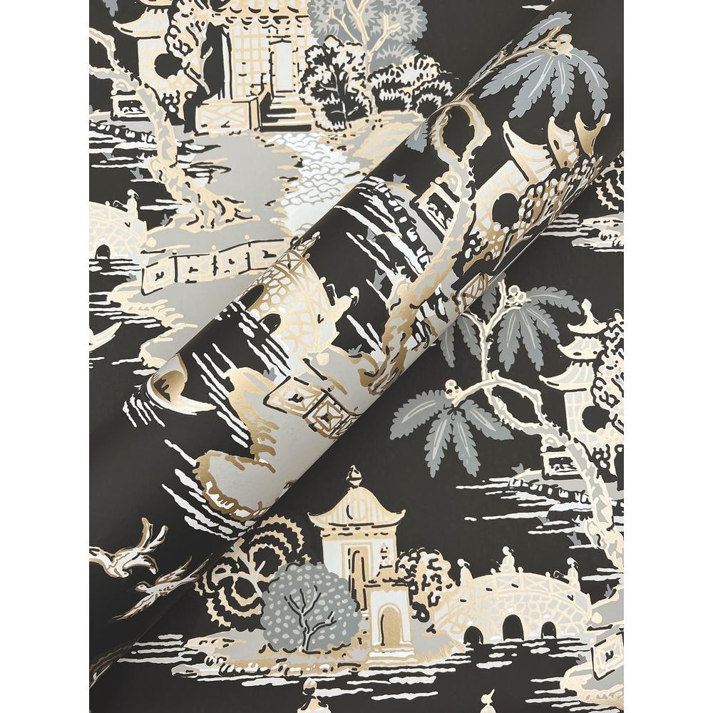 Black Scenic Pagoda and Sampan Toile Wallpaper