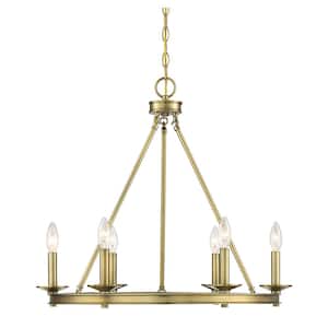 25 in. W x 23 in. H 6-Light Warm Brass Metal Chandelier with No Bulbs Included