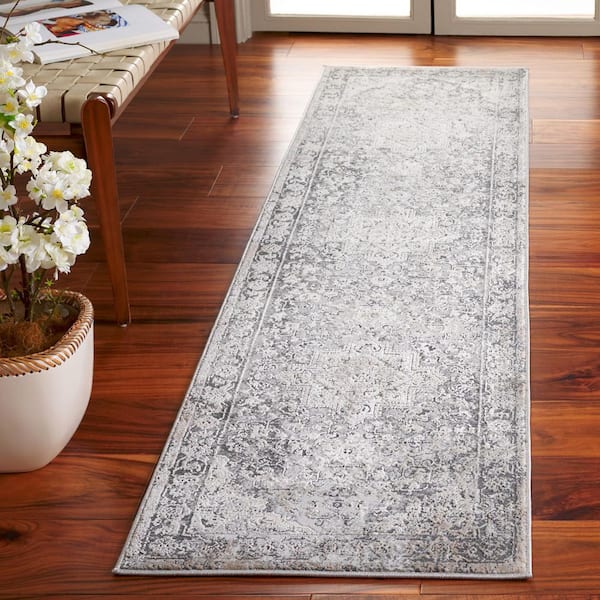 Vogue 2 ft. x 8 ft. Gray/Beige Distressed Border Runner Rug
