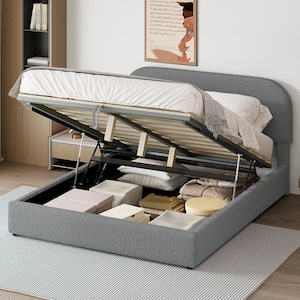 Gray Wood Frame Queen Size Teddy Fleece Upholstered Platform Bed with Hydraulic Storage System and Pull Rope