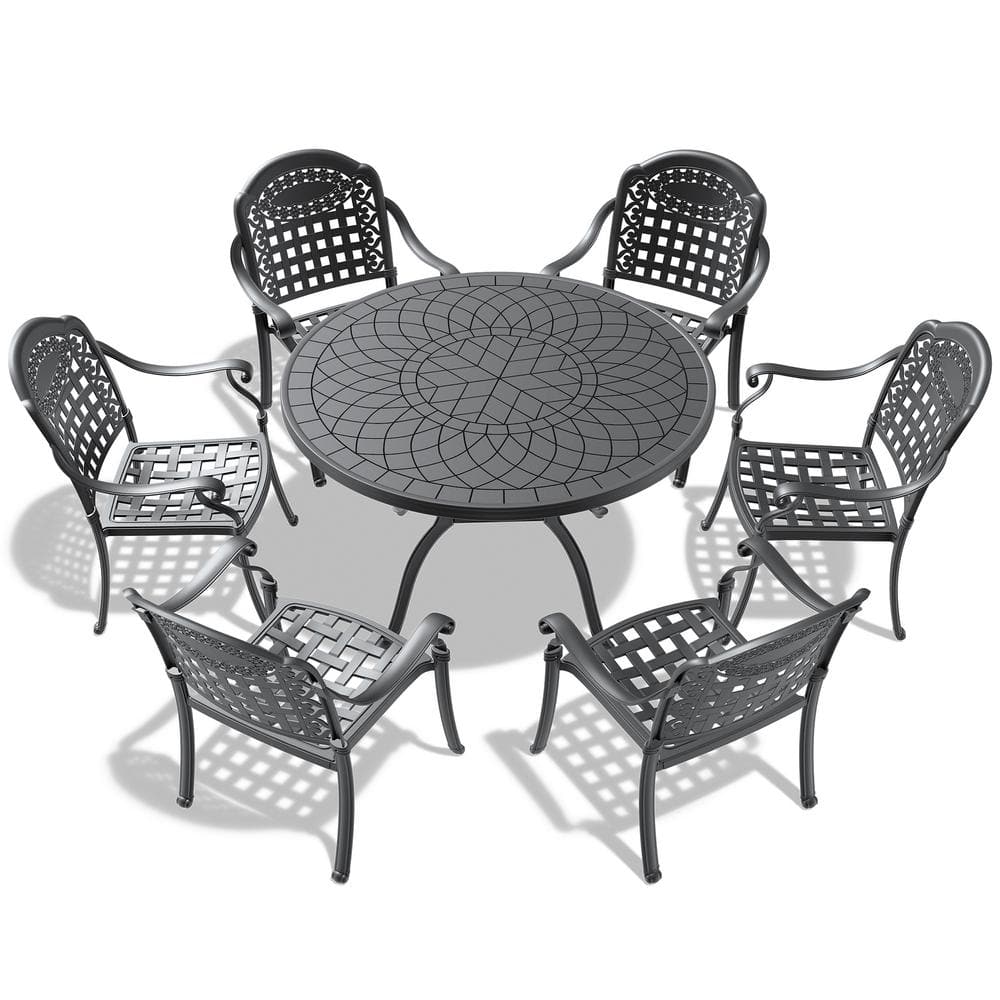 Black Cast Aluminum 7-Piece Outdoor Dining Set with Random Color Cushions