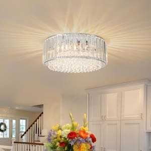 13.78 in. 3-Light Glam Chrome Round Crystal Flush Mount Ceiling Light