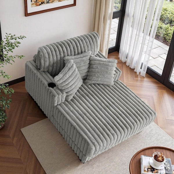 Light Gray Faux Rabbit Fur Polyester Two Arm Chaise Lounge With Cup Holders(Set of 1)