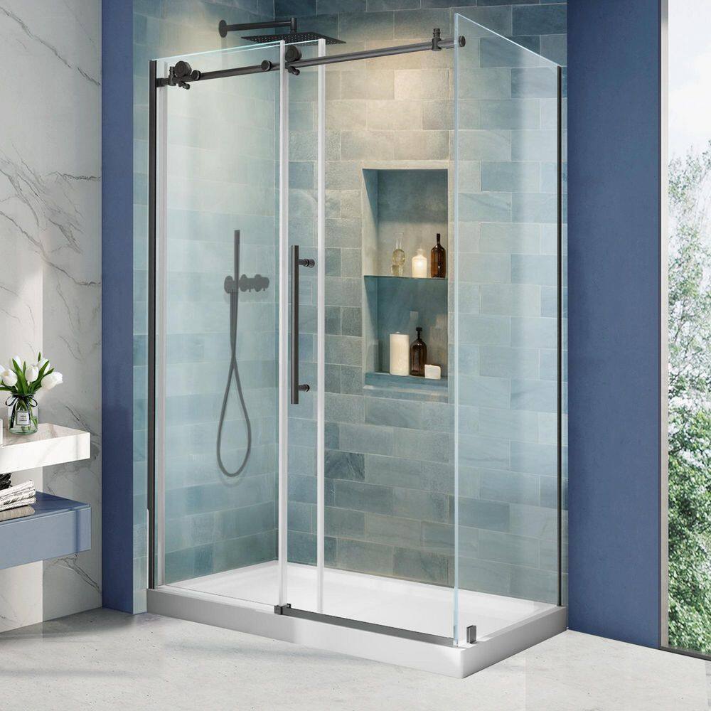 56-60 in. W x 36 in. D x 72 in. H Frameless Corner Sliding Shower Door Enclosure in Matte Black 5/16 in. Clear Glass